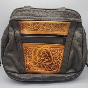 Vintage Handmade Brown/tan/Dark Green Leather Floral Shoulder Medium Bag